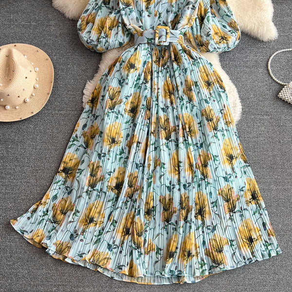 Rochie Galle albastra cu imprimeu floral si pliuri