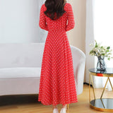 Rochie Adora rosie cu mansete din dantela si imprimeu buline