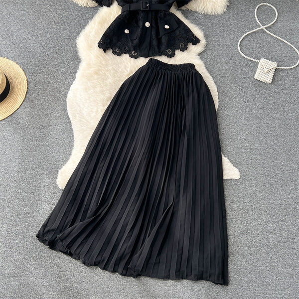 Set elegant Salem negru - compus din fusta plisata si top din dantela