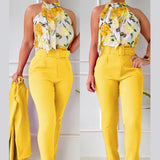 Set Denda galben compus din pantaloni office cu talie inalta si top