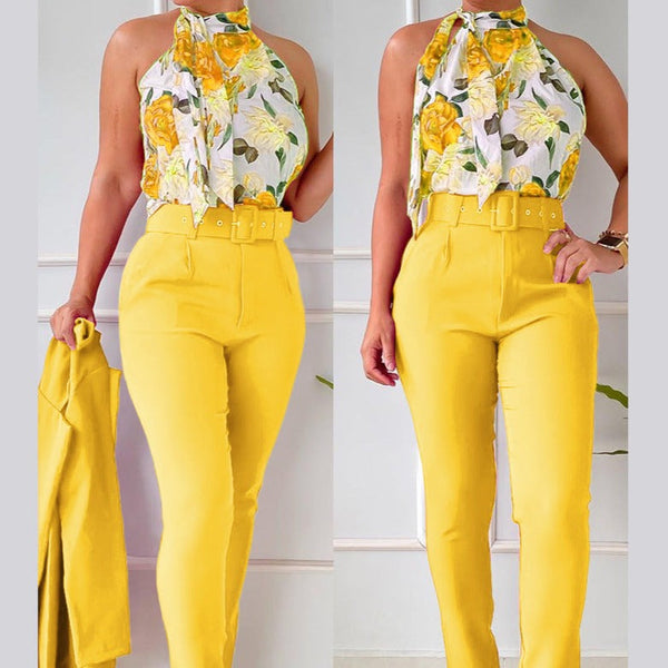 Set Denda galben compus din pantaloni office cu talie inalta si top