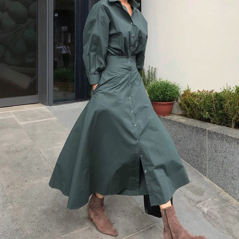 Rochie Cicera verde inchis tip camasa cu talie accentuata prin banda
