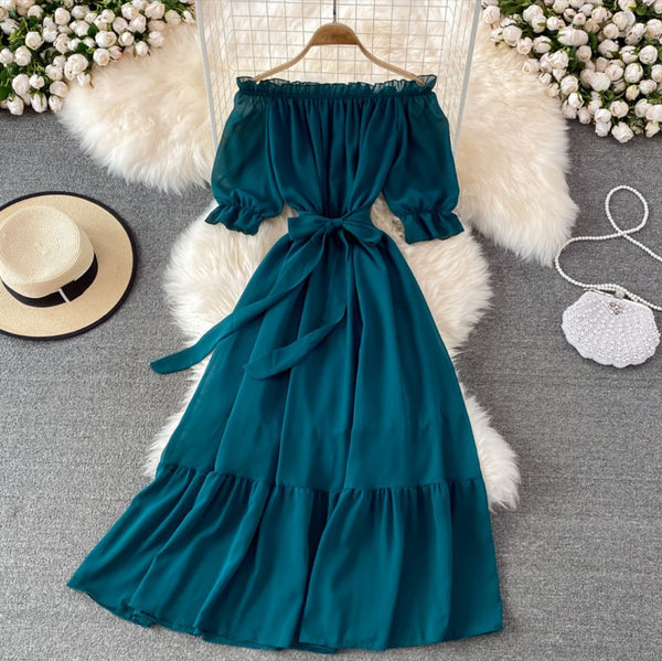 Rochie Kaliope verde cu decolteu tip barcuta