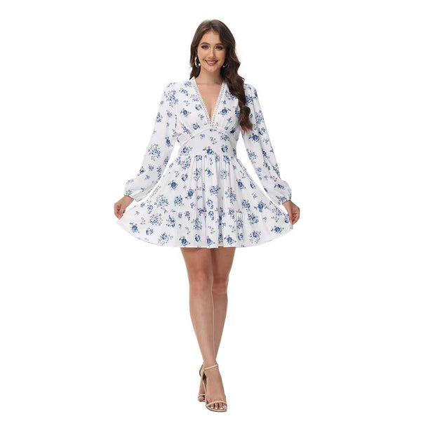 Rochie Lorela albastru cu imprimeu floral si detalii din dantela