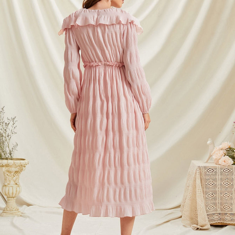 Rochie Yolanda roz pastel din voal cu pliuri