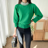 Pulover Ayana verde accesorizata cu perle
