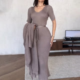 Set Ynna compus din jerseu si rochie tricot reiat