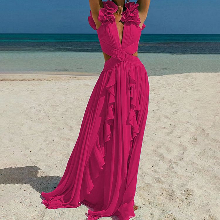 Set Minda roz compus din costum de baie si fusta lunga vaporoasa