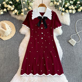 Rochie tricotata Arissa cu perle, fundita si guler lat