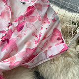 Rochie Brea roz cu nasturi imbracati si imprimeu floral