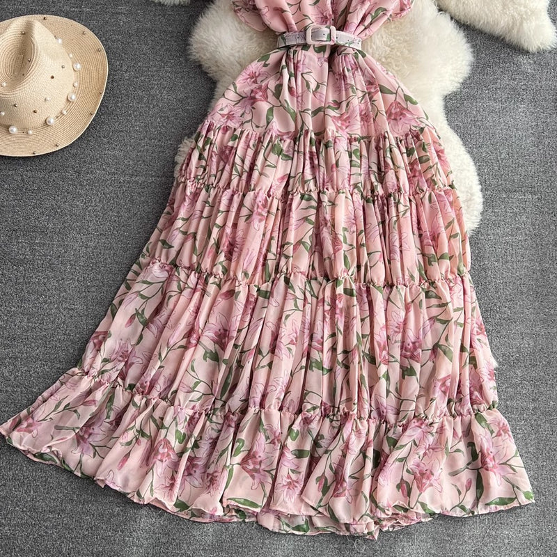 Rochie Gyda roz cu imprimeu floral si curea accesorizata