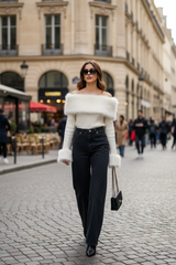 Bluza Sherra din tricot reiat cu terminatii din puf