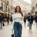 Bluza Sherra din tricot reiat cu terminatii din puf