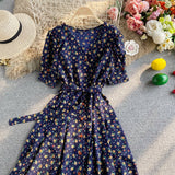Rochie Arcelia bleumarin cu imprimeu floral si cordon accesorizat
