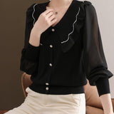 Bluza Nullia neagra cu guler lat si nasturi decorativi