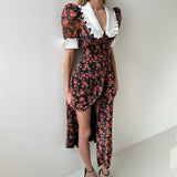 Rochie midi Solita negru din voal cu guler lat in V, maneci scurte, imprimeu floral