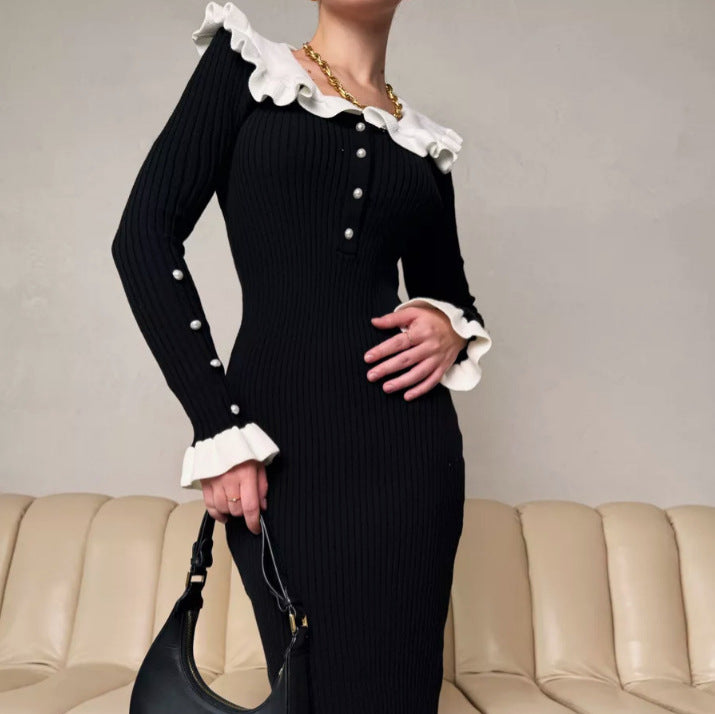Rochie Asimera din tricot cu guler lat si nasturi perlute