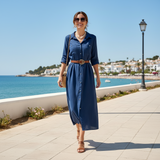 Rochie midi Zoira tip camasa, din in, curea in talie