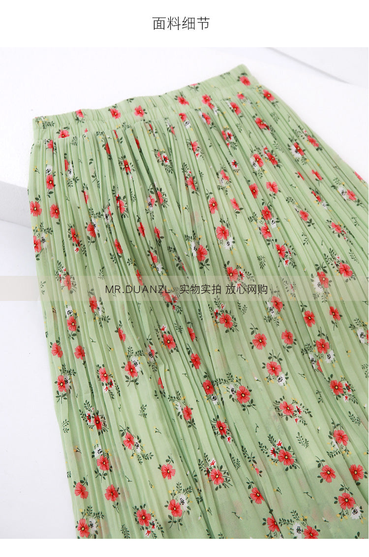 Fusta Katana verde cu imprimeu floral si elastic in talie