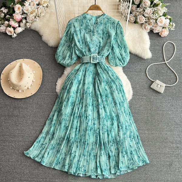 Rochie Galle verde cu imprimeu floral si pliuri