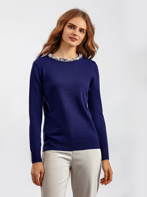 Pulover Rosemary bleumarin, din tricot moale cu decolteu si mansete accesorizate cu perle