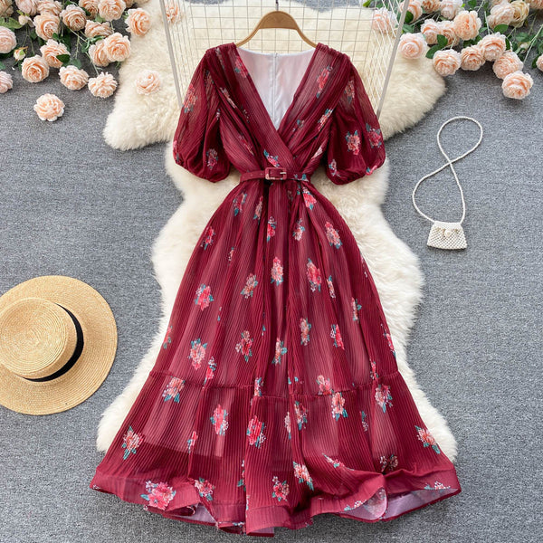 Rochie Echim rosie cu pliuri si imprimeu floral