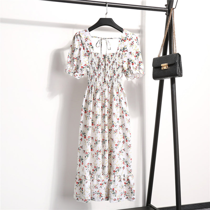 Rochie Danisha alba cu imprimeu floral, decolteu patrat si maneci scurte, bufante