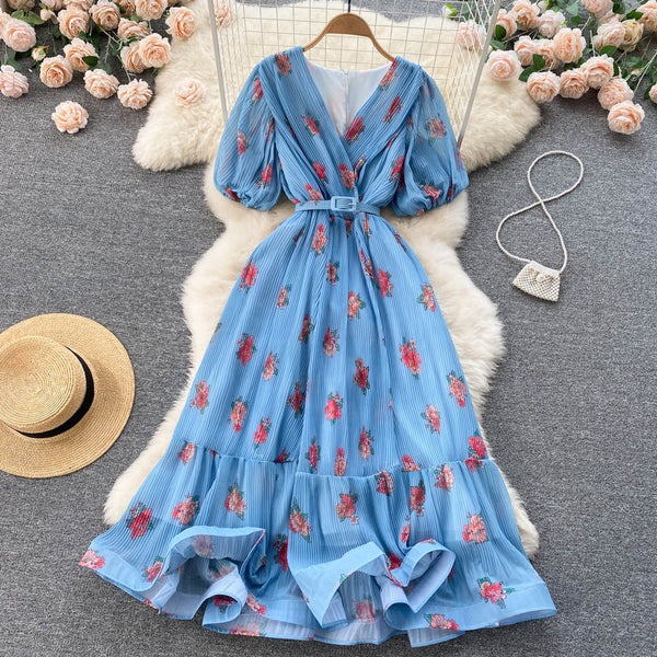 Rochie Echim albastra cu pliuri si imprimeu floral