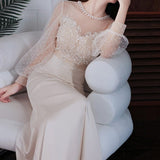 Rochie Havilah de eveniment cu maneci bufante si decolteu accesorizat cu perle