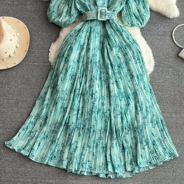 Rochie Galle verde cu imprimeu floral si pliuri