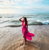 Set Minda roz compus din costum de baie si fusta lunga vaporoasa