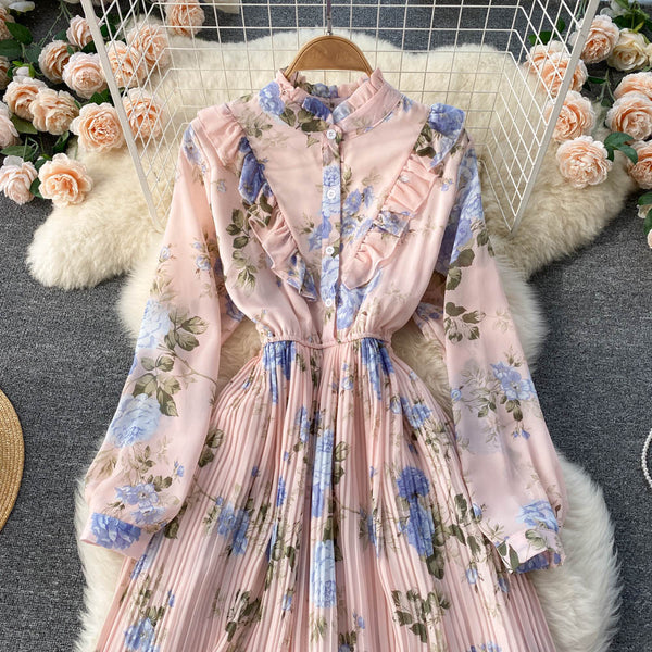 Rochie Miliona roz cu imprimeu floral si volanase