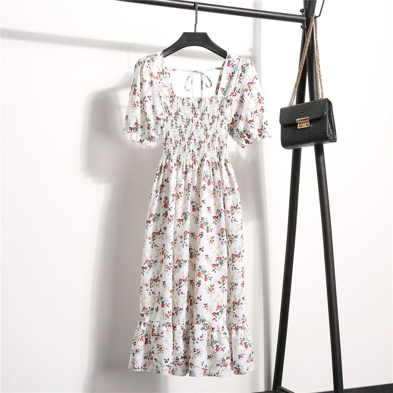 Rochie Danisha alba cu imprimeu floral, decolteu patrat si maneci scurte, bufante