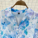 Rochie Brea albastra cu nasturi imbracati si imprimeu floral