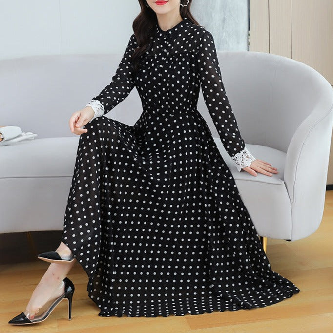 Rochie Adora neagra cu mansete din dantela si imprimeu buline