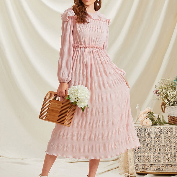 Rochie Yolanda roz pastel din voal cu pliuri
