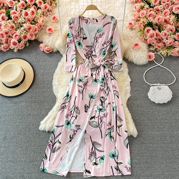 Rochie Kaia roz deschis petrecuta cu imprimeu floral
