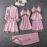 Set pijama Nergis alb din tesatura satinata si dantela - 5 piese