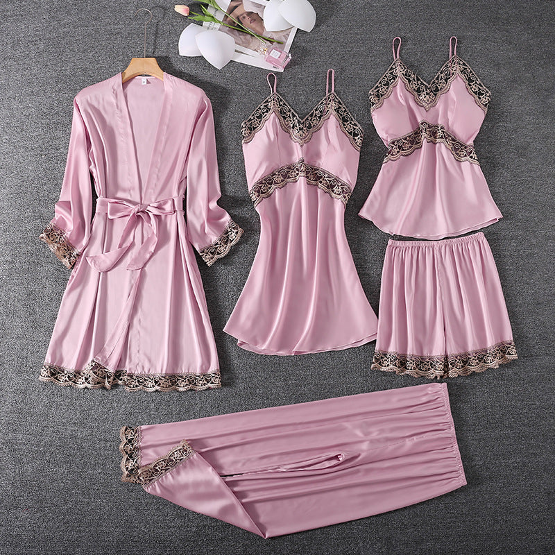 Set pijama Nergis alb din tesatura satinata si dantela - 5 piese