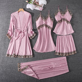 Set pijama Nergis roz din tesatura satinata si dantela - 5 piese