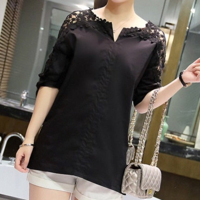 Camasa Trielle neagra cu maneci scurte si dantela brodata - OUTLET