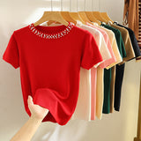 Tricou Zalys cu guler rotund decorat cu perle