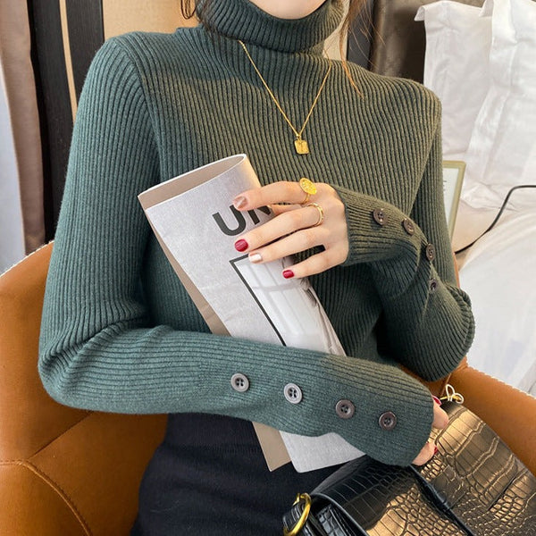 Bluza Raella verde din tricot reiat cu nasturi la mansete