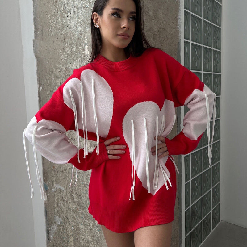 Bluza Fabbia cu imprimeu inimi si franjuri