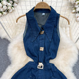 Rochie midi Julya din denim, cu crapaturi in fata