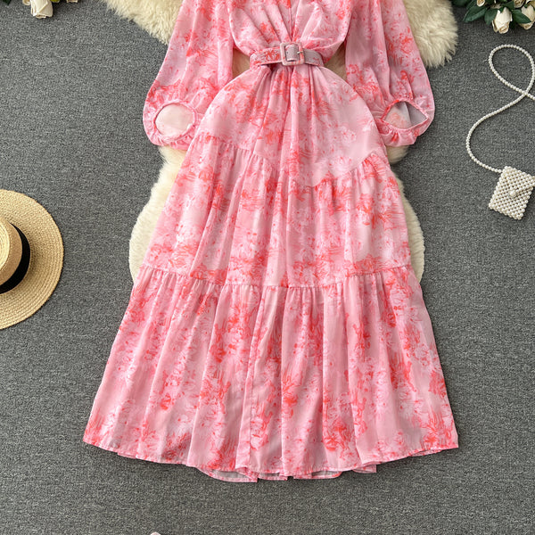 Rochie Arty roz deschis cu decolteu in V si curea accesorizata