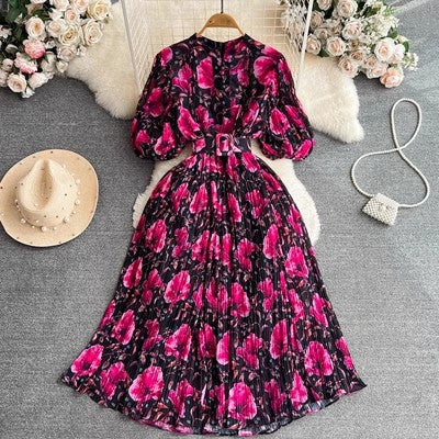 Rochie Galle neagra cu imprimeu floral si pliuri