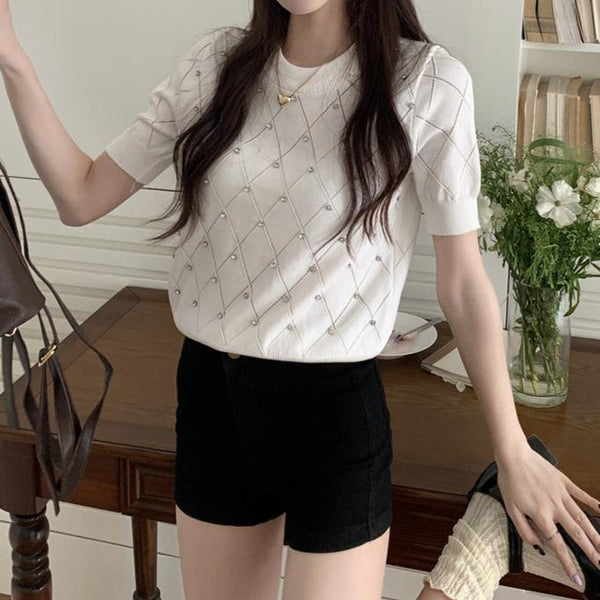Tricou Sophia alb cu accesorizat cu pietre