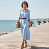 Rochie midi Zoira tip camasa, din in, curea in talie