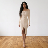 Rochie Enid din tricot cu decolteu barcuta si reiatii